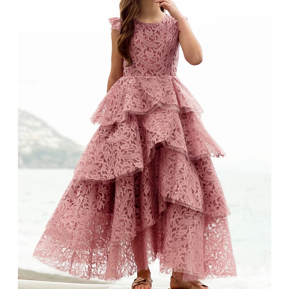 Elegant Pink Lace Tiered Kids Dress